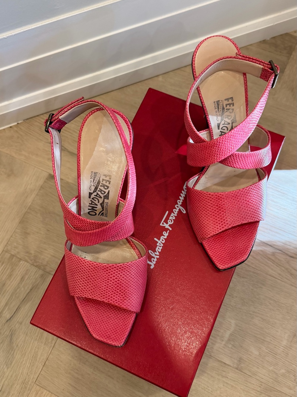 Salvatore Ferragamo Pink Leather Crisscross Strap Sandals/Heels